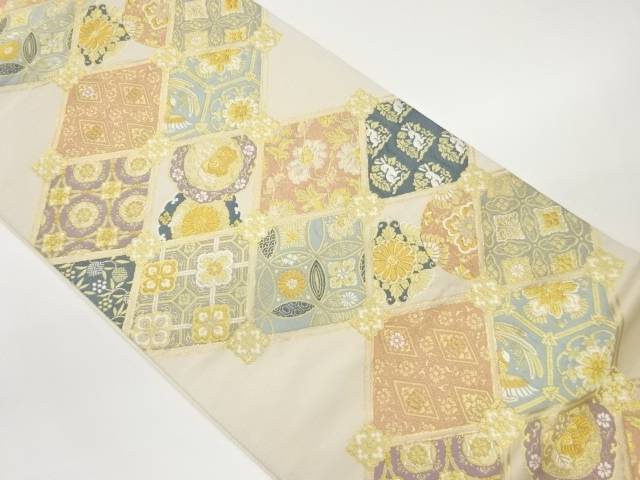 菱に華紋・七宝・鳥模様織出し袋帯【中古】【着】 宗sou