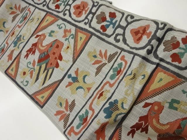 縞に変わり唐草・鳥模様織出し袋帯【中古】【着】 宗sou