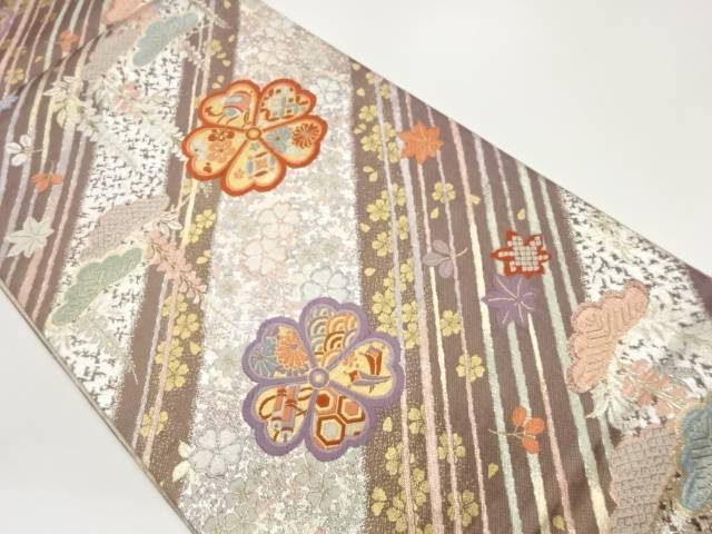 斜め縞に松・藤・桜模様織出し袋帯【中古】【着】 宗sou