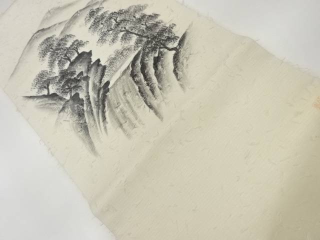 作家物　ひげ紬手描き木々に滝模様開き名古屋帯（額縁仕立て）【中古】【着】 宗sou