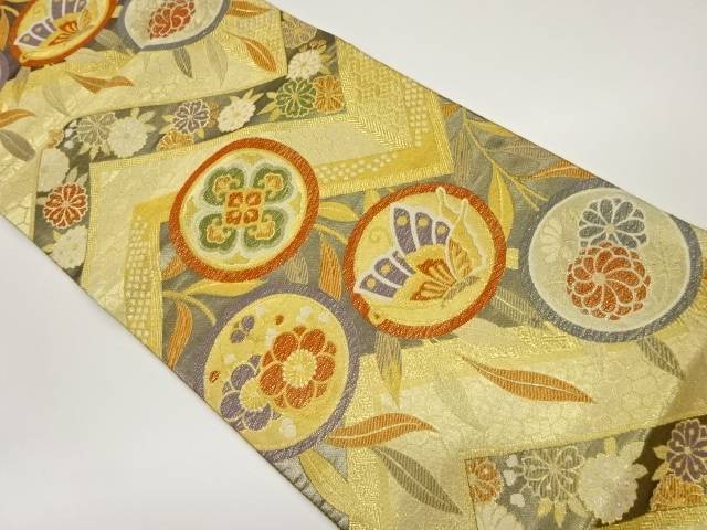 丸文・蝶に草花模様織出し袋帯【中古】【着】 宗sou