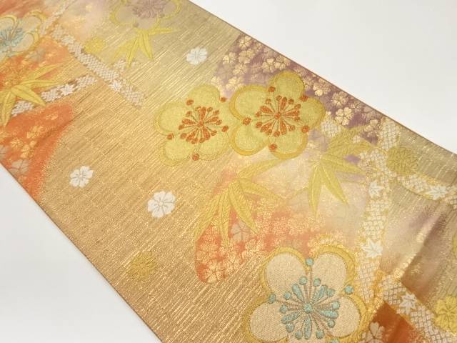 梅・笹・花々模様織出し袋帯【中古】【着】 宗sou