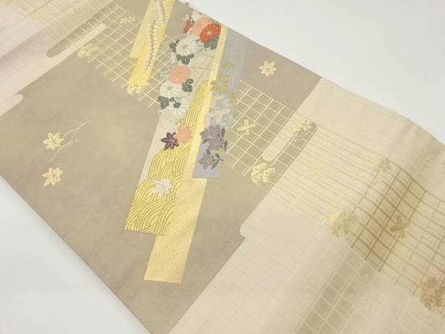 格子に斜線・波・花々模様織出し名古屋帯【中古】【着】 宗sou