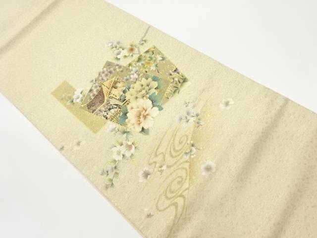 金彩色紙に御所車・花々・流水模様袋帯【中古】【着】 宗sou｜お茶道具・着物　【宗 sou】
