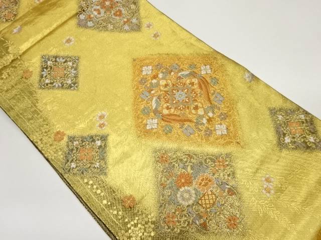 菱に花唐草・花々模様織出し袋帯【中古】【着】 宗sou