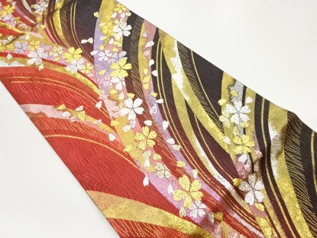 紙布桜散らしに曲線模様織出し袋帯【中古】【着】 宗sou