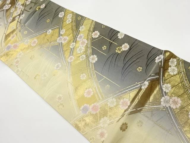 橋に桜散らし模様織出し袋帯【中古】【着】 宗sou