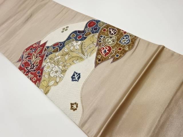 絞り切り嵌め風金駒刺繍変線に抽象草花模様織出し袋帯【中古】【着】 宗sou