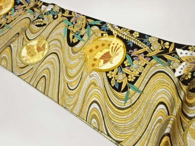 流水・辻ヶ花・丸に蝶模様織出し袋帯【中古】【着】 宗sou