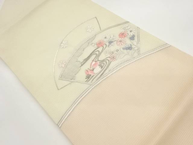 紗 金駒刺繍地紙に鴛鴦・草花模様名古屋帯【中古】【着】 宗sou
