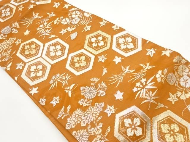 紗 花菱亀甲に草花・鳥模様織出し名古屋帯【中古】【着】 宗sou｜お茶道具・着物　【宗 sou】