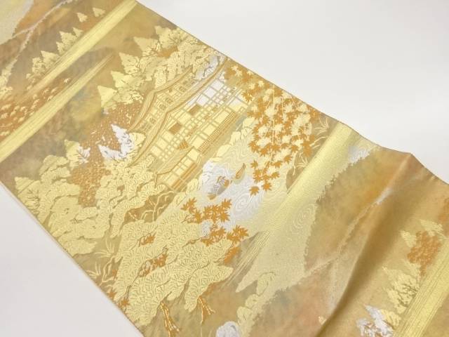 服部織物製　二重箔寺院に流水・木々模様織出し袋帯【中古】【着】 宗sou｜お茶道具・着物　【宗 sou】