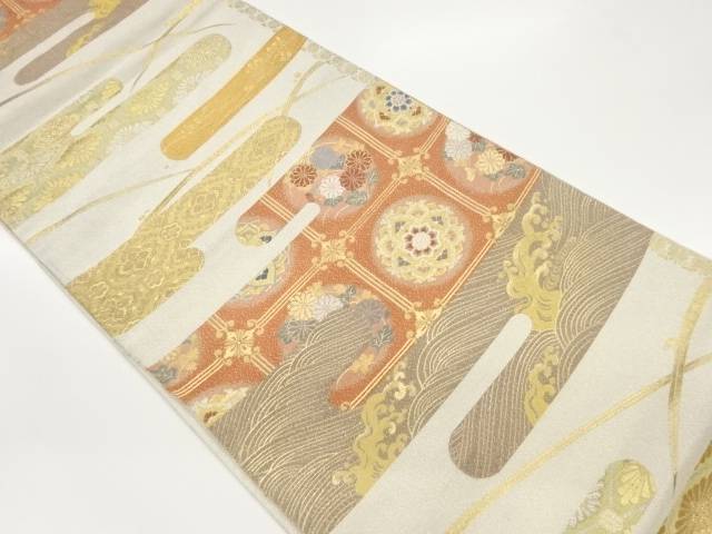 ヱ霞取りに華紋・草花・荒波模様織出し袋帯【中古】【着】 宗sou
