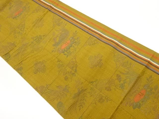 本場筑前博多縞に変わり市松・鳥・花唐草模様織出し名古屋帯【中古】【着】 宗sou
