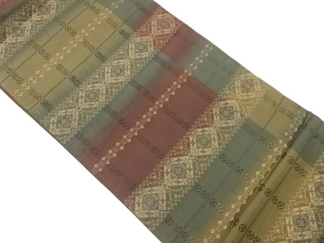 格子に花菱模様織出し全通袋帯【中古】【着】 宗sou