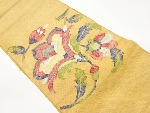 手織り紬花唐草模様織出し名古屋帯【中古】【着】 宗sou
