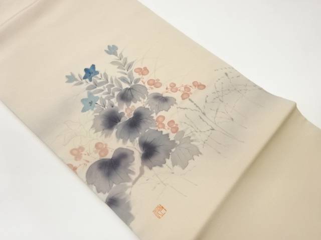 作家物 塩瀬手描き草花模様名古屋帯【中古】【着】 宗sou|お茶道具・着物 【宗 sou】