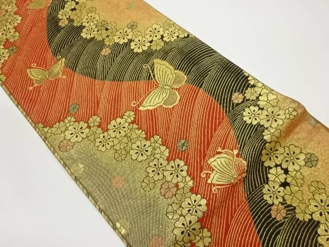 曲線に桜・蝶模様織出し全通袋帯【中古】【着】 宗sou