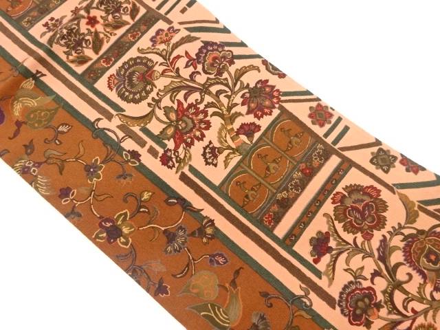 縮緬地縞に花唐草・鳥模様名古屋帯【中古】【着】 宗sou