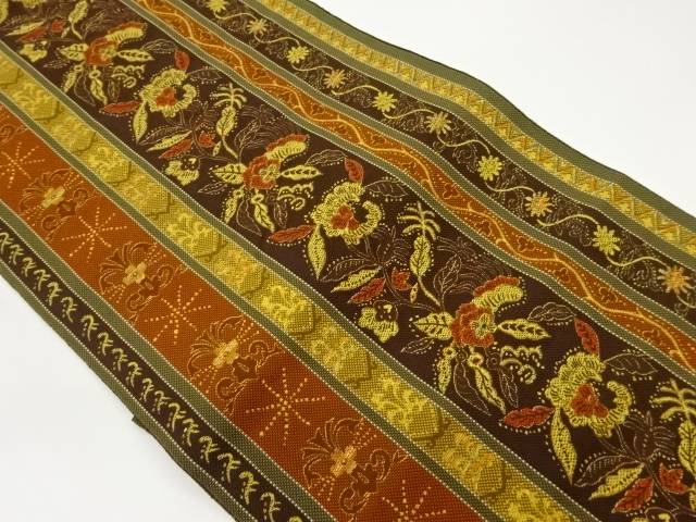 本場筑前博多縞に草花模様織出し名古屋帯【中古】【着】 宗sou