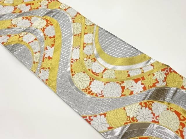 曲線に菊・紅葉・花々模様織出し袋帯【中古】【着】 宗sou