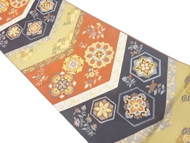 亀甲に華文・草花模様織出し袋帯【中古】【着】 宗sou