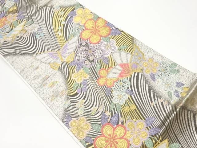 蝶に花々模様織出し袋帯【中古】【着】 宗sou