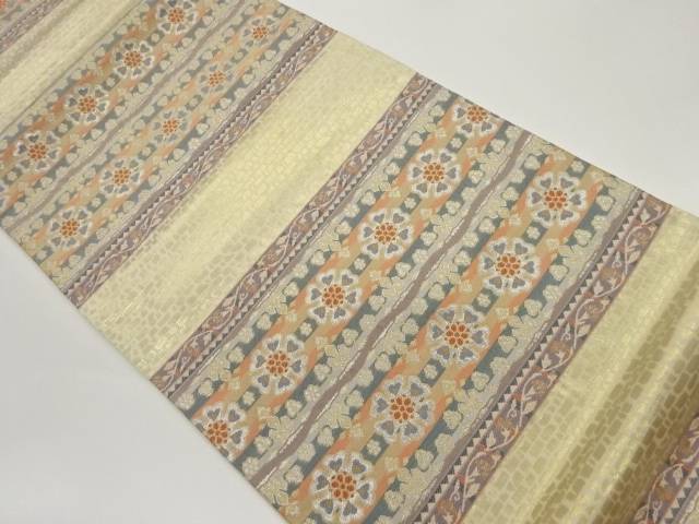 変わり横段に抽象花唐草模様織出し袋帯【中古】【着】 宗sou
