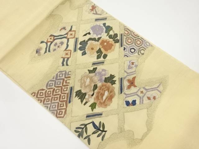 手織り紬金通し道長取に菱・花々飾りつけ織出し名古屋帯【中古】【着】 宗sou