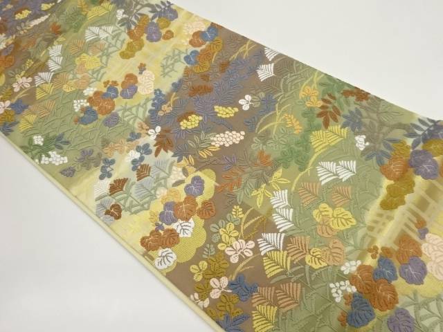 唐織に萩・芝・葉模様織出し袋帯【中古】【着】 宗sou