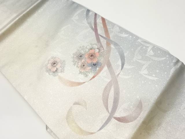 リボンに花々模様刺繍名古屋帯【中古】【着】 宗sou