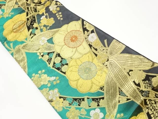 竹に梅・菊模様織出し袋帯【中古】【着】 宗sou