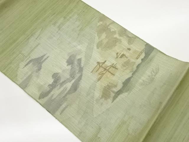 紗紬すくい織木々に民家飾りつけ織出し袋帯【中古】【着】 宗sou