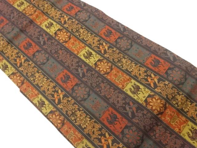 縞に華紋・動物模様織出し名古屋帯【中古】【着】 宗sou｜お茶道具・着物　【宗 sou】
