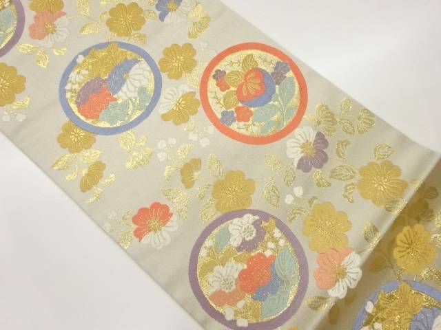 丸文に橘・菊・草花模様織出し袋帯【中古】【着】 宗sou