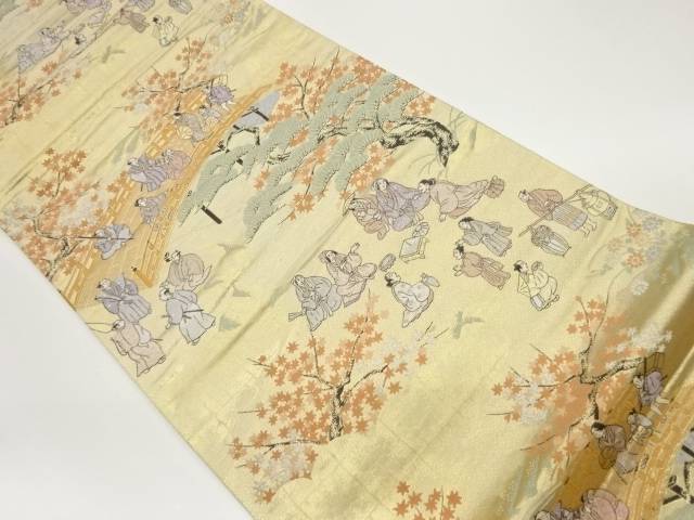 時代人物に松・紅葉・橋模様織出し袋帯【中古】【着】 宗sou