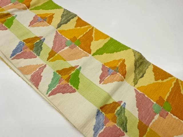 手織り紬縞に抽象菱模様織出し名古屋帯【中古】【着】 宗sou