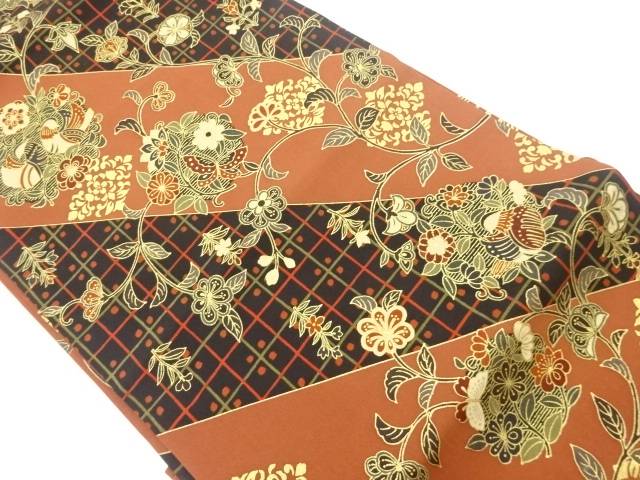塩瀬金彩花輪に向かい鴛鴦・蝶模様名古屋帯【中古】【着】 宗sou