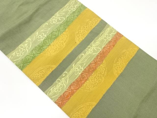 手織り紬横段に草花・菱模様織出し名古屋帯【中古】【着】 宗sou
