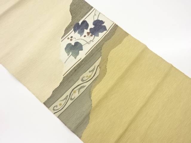 手織り紬道長取に横段・蔦の葉飾りつけ織出し名古屋帯【中古】【着】 宗sou