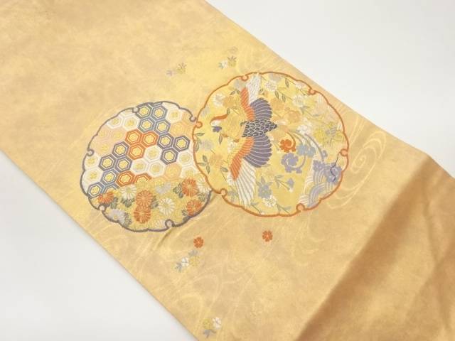引箔雪輪に鳳凰・亀甲・草花模様織出し名古屋帯【中古】【着】 宗sou