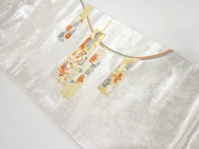 末広に鴛鴦・花模様織り出し名古屋帯【中古】【着】 宗sou