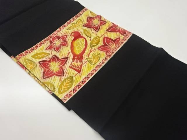 塩瀬金彩抽象鳥に花葉模様名古屋帯【中古】【着】 宗sou