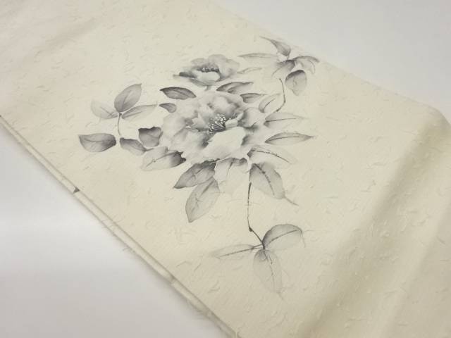 作家物　ひげ紬手描き牡丹模様名古屋帯【中古】【着】 宗sou