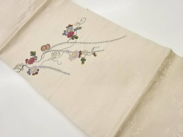 菊に草模様刺繍名古屋帯【中古】【着】 宗sou