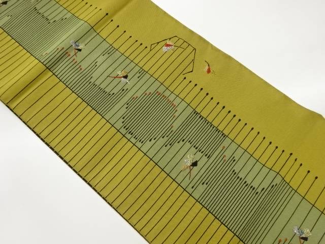 本場筑前博多横段に草葉模様織出し名古屋帯【中古】【着】 宗sou