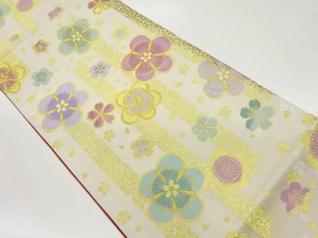 縞に梅・桜模様織出し袋帯【中古】【着】 宗sou
