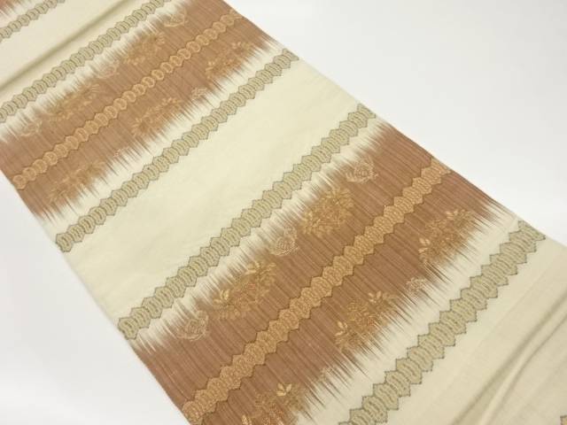 手織り紬横段に花葉飾りつけ織出し袋帯【中古】【着】 宗sou