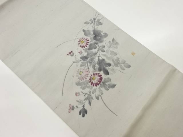 作家物　手織り紬相良刺繍手描き花模様開き名古屋帯（額縁仕立て）【中古】【着】 宗sou｜お茶道具・着物　【宗 sou】
