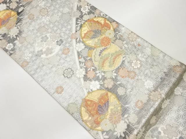 丸文に蝶・松・菊模様織出し袋帯【中古】【着】 宗sou